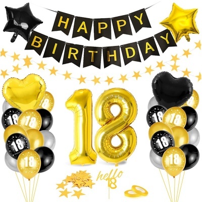 Conjunto de balões decorativos dourados, pretos e prateados para aniversário 18 anos