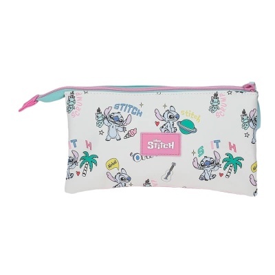 Estojo branco com padrão do personagem Stitch da Disney e fecho rosa e azul