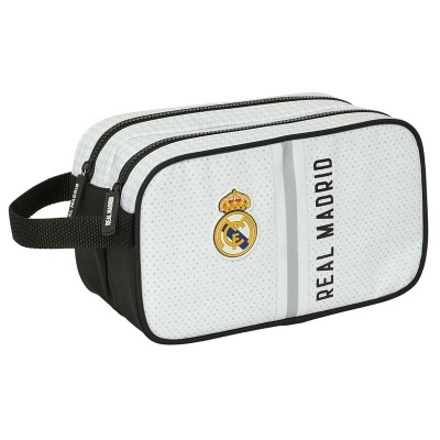 Necessaire branca com padrão de pontos, logótipo e texto do Real Madrid