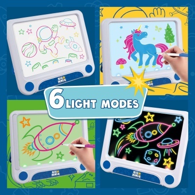 Quadro de desenho luminoso infantil com vários desenhos e modos de luz.