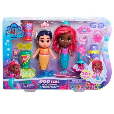 Conjunto brinquedo Ariel 2 OOTails com duas bonecas sereia coloridas e vários acessórios em embalagem azul e lilás