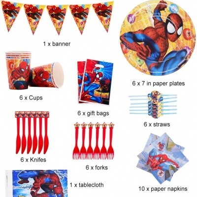 Conjunto de festa Homem-Aranha com pratos, copos, sacos, talheres, guardanapos e toalha
