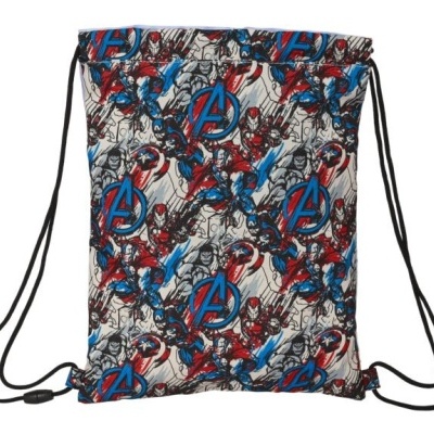 Mochila saco Avengers com padrão de personagens e símbolos em cores vivas