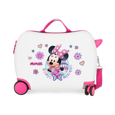 Mala de viagem branca com figura da Minnie Mouse e texto colorido