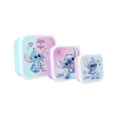 Três caixas de armazenamento decoradas com Stitch e Angel em tons pastel