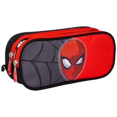 Estojo escolar Homem-Aranha vermelho e preto com estampado da cara do Homem-Aranha