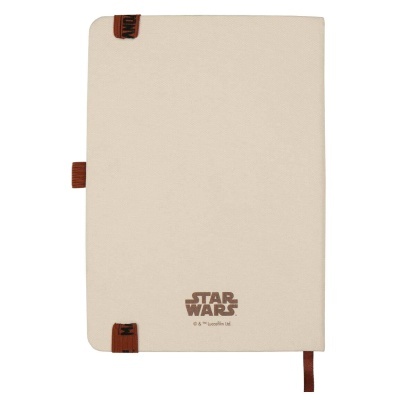 Caderno Star Wars com capa bege e texto impresso