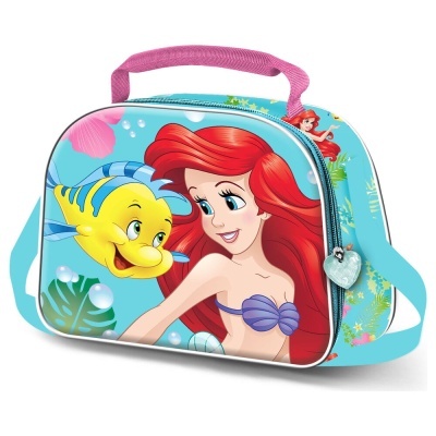 Mala azul clara com personagem de cabelo vermelho e peixe amarelo e azul