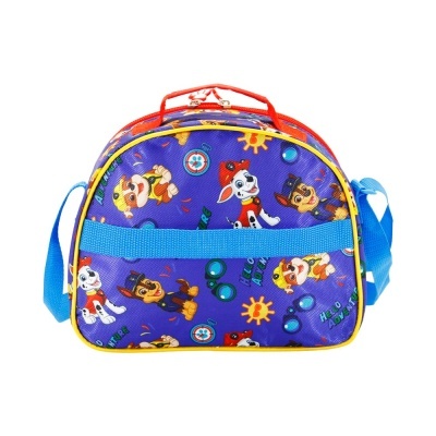 Mala infantil azul com personagens de desenho animado coloridos e alça azul