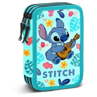 Estojo escolar azul turquesa com personagem Stitch a tocar ukulele e texto STITCH