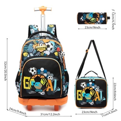 Mochila de rodas, lancheira e estojo com padrão de futebol e texto SOCCER CHAMPIONSHIP GOAL