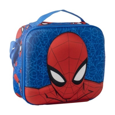 Mala térmica azul com rosto do Spider-Man vermelho e branco