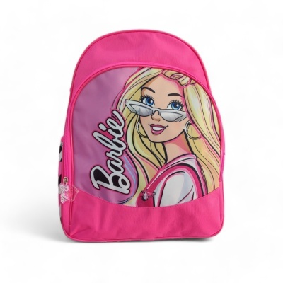 Mochila cor-de-rosa com imagem da Barbie e texto 'Barbie'