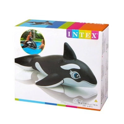 Imagem da embalagem colorida de insuflável INTEX em forma de orca para piscina