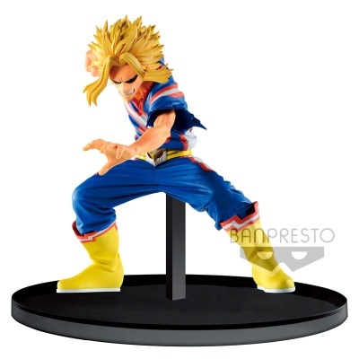 Figura de ação do personagem All Might em pose dinâmica com roupa azul e botas amarelas