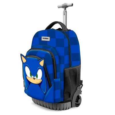 mochila azul com imagem do Sonic e rodinhas