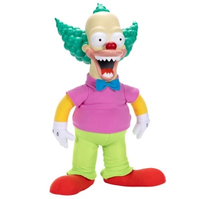 Boneco do personagem Krusty the Clown com roupa colorida e expressão facial exagerada