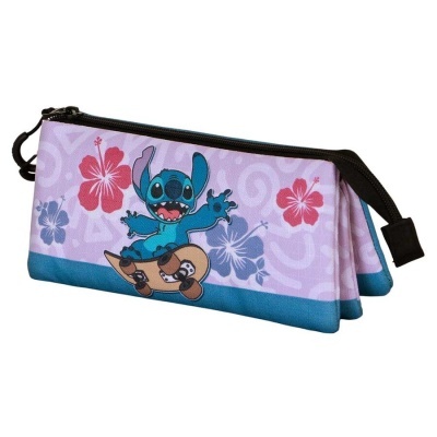 Estojo lilás com padrão floral e Stitch no skate