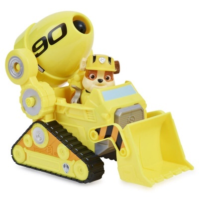 Brinquedo amarelo de construção com figura de cão com capacete sentado na cabine