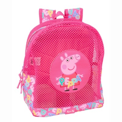 Mochila infantil rosa com estampa da Peppa Pig e padrão de rede