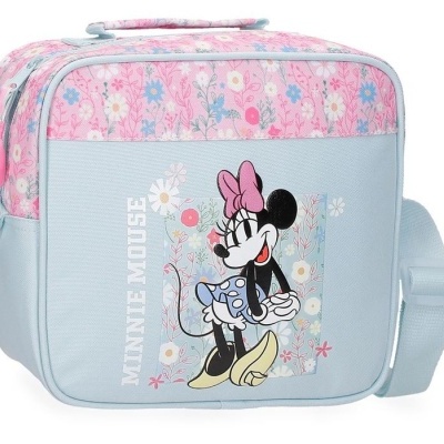 Mala azul clara com estampa da Minnie Mouse e padrão floral rosa