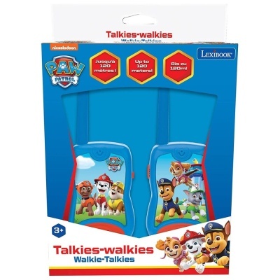 walkie-talkies temáticos da Paw Patrol na caixa azul
