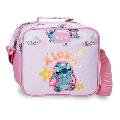 Bolsa térmica rosa claro com estampa do Stitch e texto ALOHA