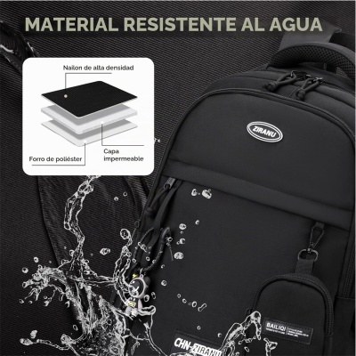 Mochila preta resistente à água com etiquetas e texto explicativo sobre os materiais.