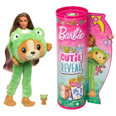 Boneca Barbie com fato peluche verde de urso e embalagem rosa e azul