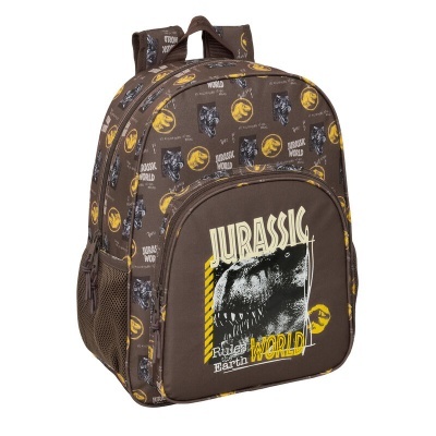 Mochila infantil castanha com padrão de dinossauros Jurassic World