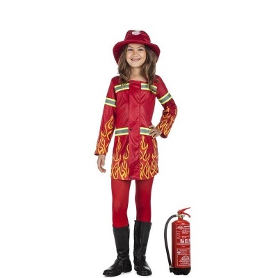 Menina com fato de bombeira vermelho e extintor de incêndio