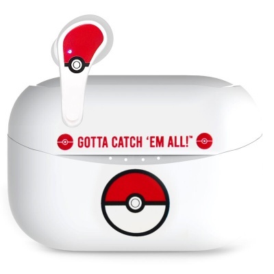 Caixa de carregamento branca para auscultadores sem fios com design de Pokébola e texto 'GOTTA CATCH 'EM ALL!'