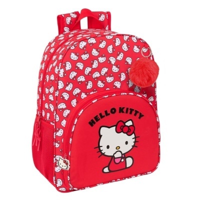 Mochila vermelha Hello Kitty com padrão repetido e pompom