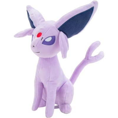 Pelúcia lilás do personagem Espeon com olhos e orelhas detalhados
