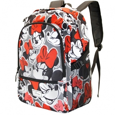 Mochila Disney Minnie vermelha, preta e branca com várias imagens da personagem