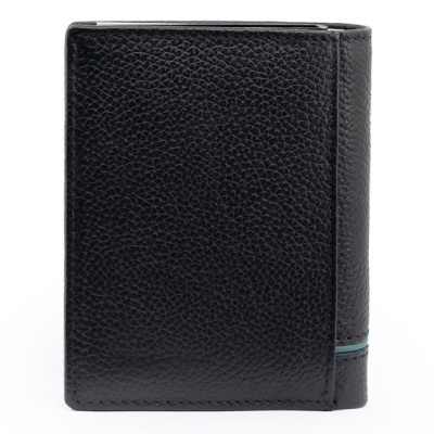 Carteira masculina preta em pele com detalhe azul e verde