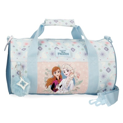 Saco desportivo azul claro e rosa com imagem das personagens Anna e Elsa do Frozen
