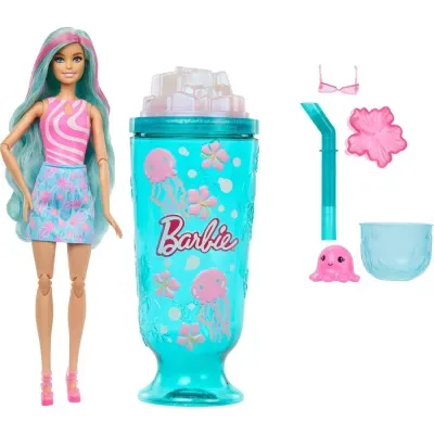 Boneca Barbie com copo azul decorado e acessórios cor de rosa