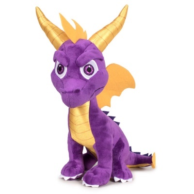 Pelúcia do personagem Spyro, dragão roxo com ventrais amarelos e asas amarelas