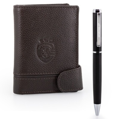 Carteira de pele castanha com emblema SCP e caneta preta Sporting CP