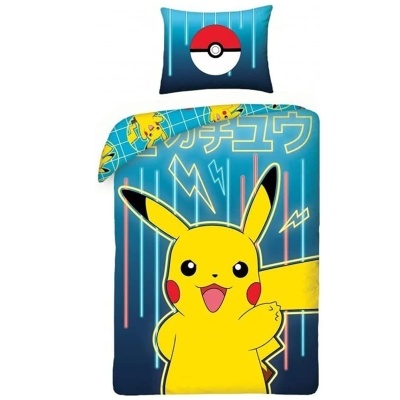 Capa de edredão e fronha de Pikachu Pokémon em azul com texto japonês e Poké Bola