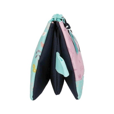 Carteira de tecido com três compartimentos em cores azul claro, azul escuro e rosa