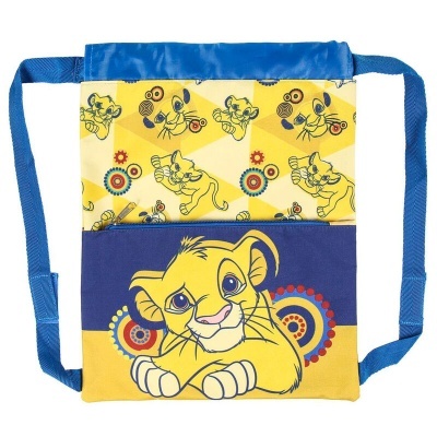 Mochila saco com estampa do Simba do Rei Leão e alças azuis