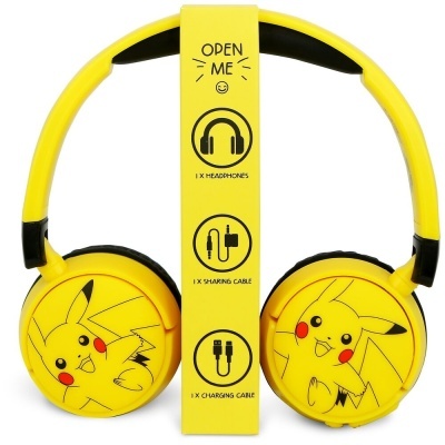 Headphones amarelos com Pikachu e faixa central amarela com texto