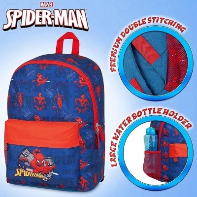 Mochila azul e vermelha Spider-Man com desenhos do personagem e bolso frontal com imagem e texto