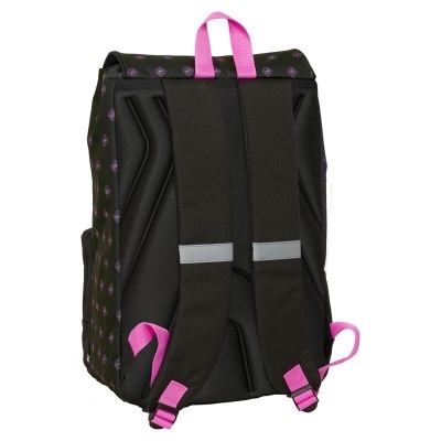 Mochila preta com alças e pega cor de rosa e detalhes em padrão rosa e roxo