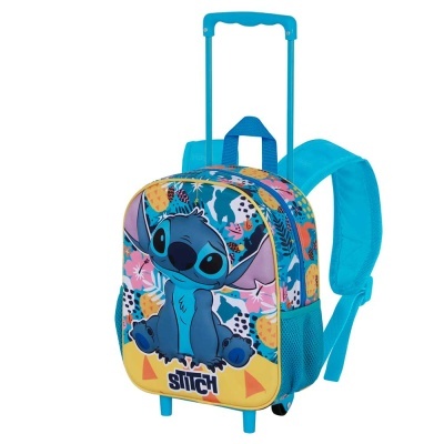 Mochila de carrinho azul para crianças com estampa do personagem Stitch e alça telescópica.