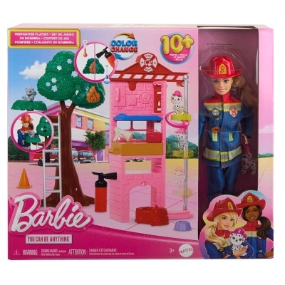 Conjunto Barbie Playset Bombeiro com acessórios e boneca em caixa rosa.