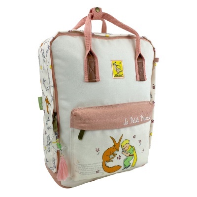 Mochila crem e rosa com estampas do Pequeno Príncipe, bolso frontal rosa, alças de mão cor-de-rosa e zíper com detalhes coloridos