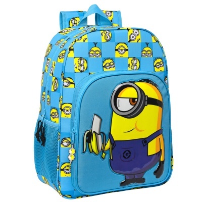 Mochila azul com padrão de Minions e grande imagem frontal de Minion segurando uma banana
